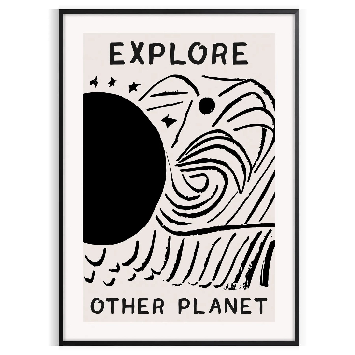 wonder modern art Explore Other Planets poster black white designs wall unforgettable gift artwork space cosmic allure sizes A4 cm A0