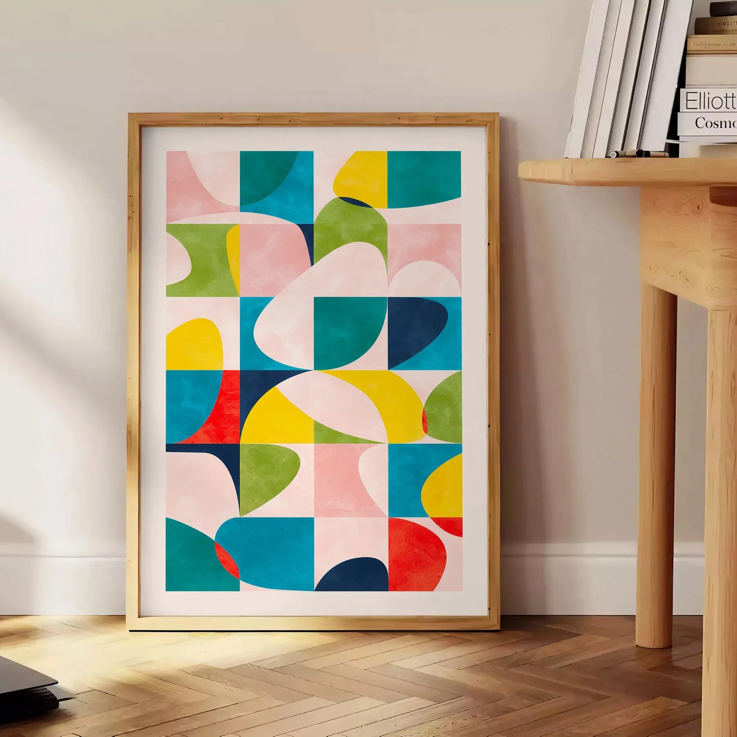 space modern art poster vibrant blue orange hues unique wall piece thoughtful gift artwork contemporary flair room variety print sizes A4 cm A0
