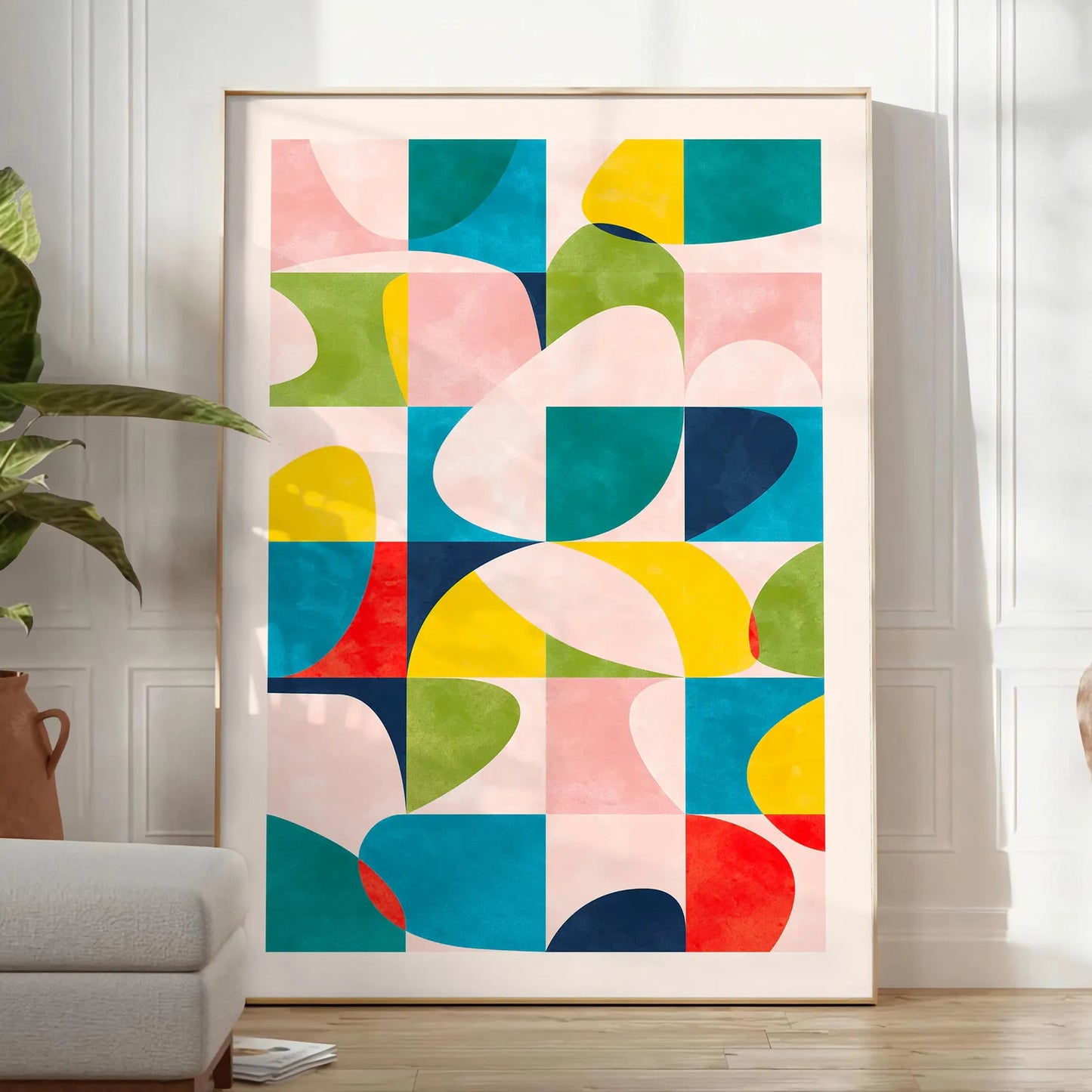 space modern art poster vibrant blue orange hues unique wall piece thoughtful gift artwork contemporary flair room variety print sizes A4 cm A0