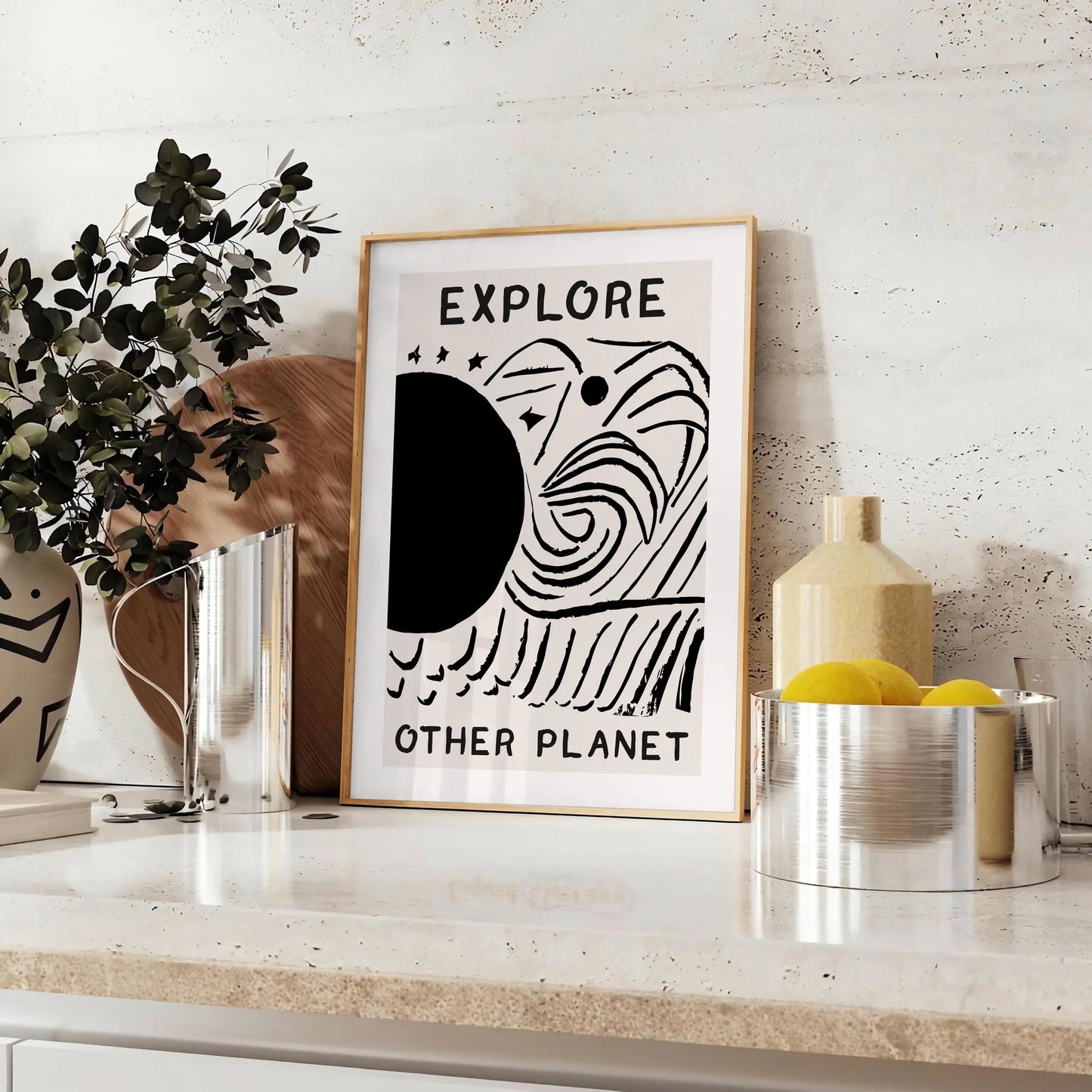 wonder modern art Explore Other Planets poster black white designs wall unforgettable gift artwork space cosmic allure sizes A4 cm A0