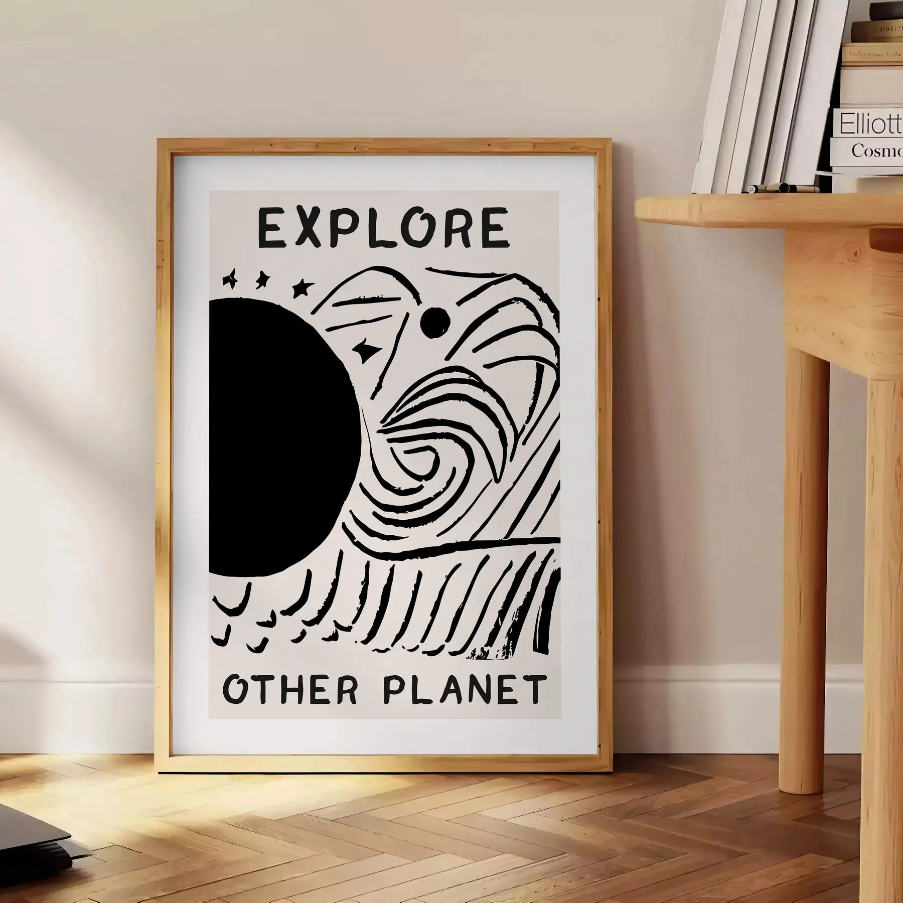 wonder modern art Explore Other Planets poster black white designs wall unforgettable gift artwork space cosmic allure sizes A4 cm A0